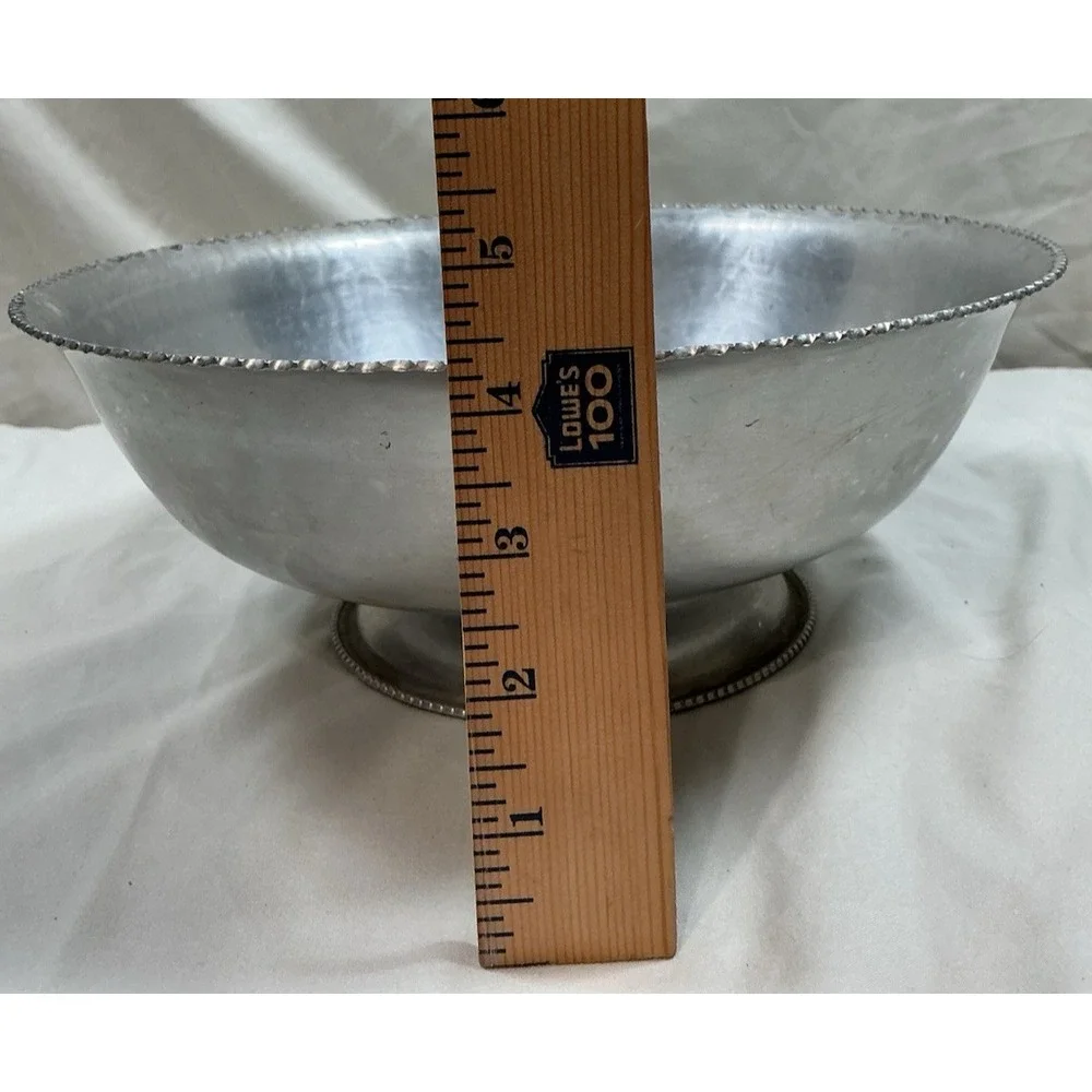 Hammered Aluminum Pedestal Serving Bowl Embossed Floral Scalloped Rim VTG